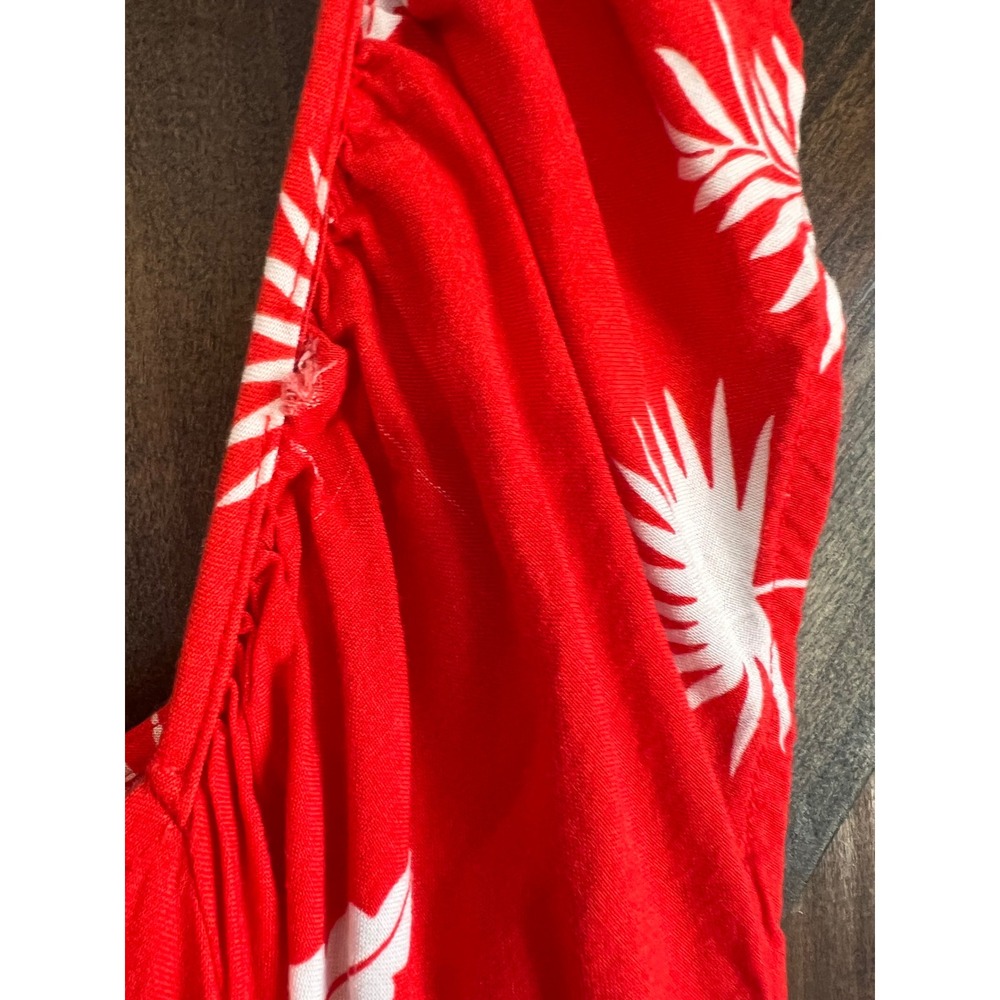 St Johns Bay Womens XL Red Tropical Palm Leaf Ruffle Tie Front Jumpsuit Rayon - Picture 12 of 16